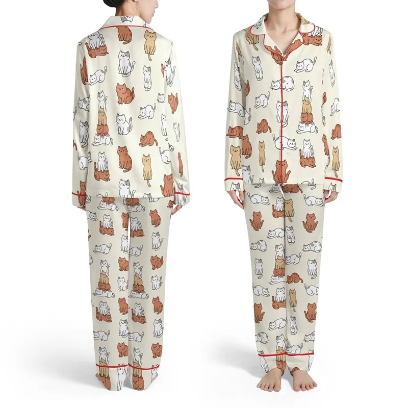 Cat Lovers' Whimsical Sweet Cartoon Cats Playful Scattered Repeating Cream Pattern Satin Pajamas Set - 1