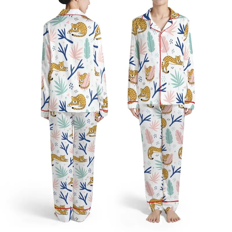 Animal Lovers' Playful Golden Yellow Leopard Pastel Pink & Deep Royal Blue Botanical Pattern Satin Pajamas Set - 1