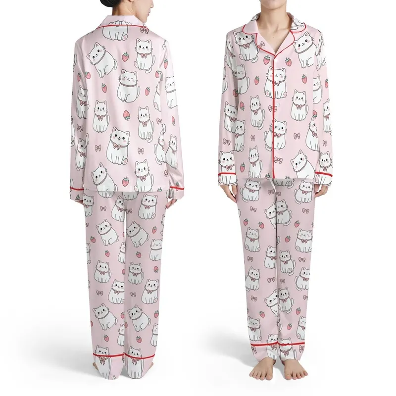Cat Lovers' Adorable Plump Pastel Pink Cartoon Cats Strawberry Bow Pattern Satin Pajamas Set - 1