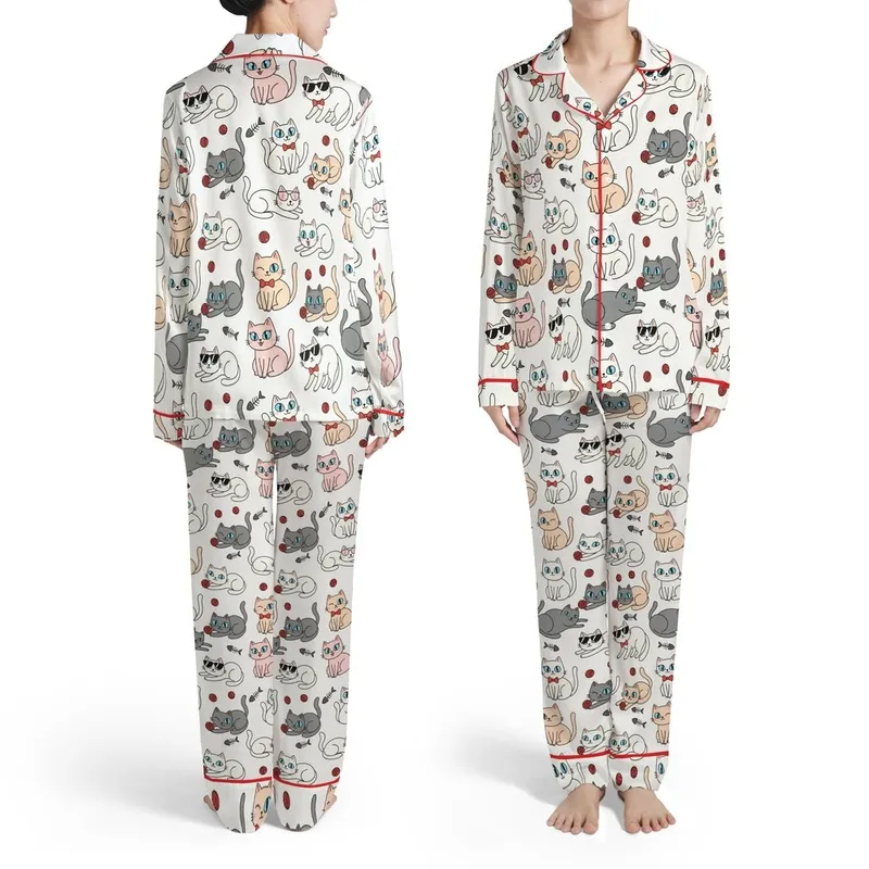 Cat Lovers' Whimsical Flat Cartoon Cats Seamless Pattern with Red Bow Ties, Pink Sunglasses, Yarn Balls, Off-White, Pink, Grey Hues Satin Pajamas Set - 1