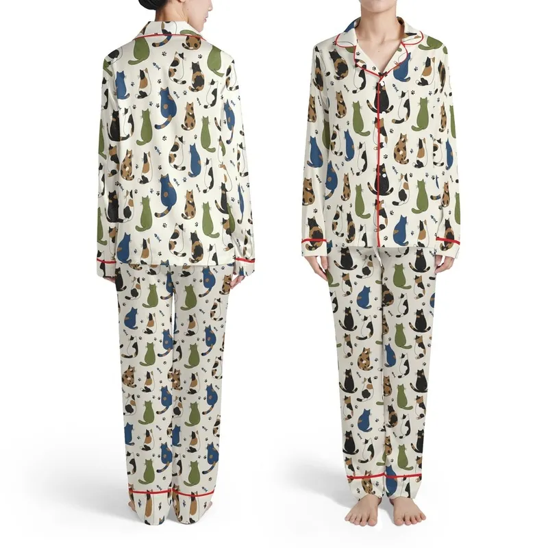Cat Lovers' Whimsical Hand-Drawn Cats Light Cream Muted Blue Green Black Scattered Feline Pattern Satin Pajamas Set - 1