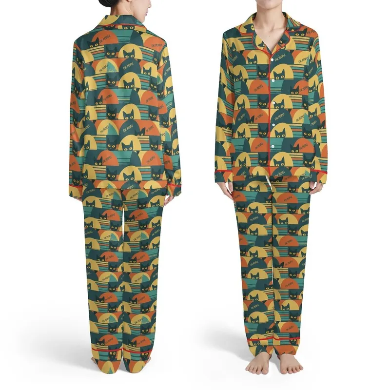 Cat Lovers' Retro Grunge Black Cats Yellow Eyes Distressed Teal Orange Stripes Semi-Circles Pattern Satin Pajamas Set - 1