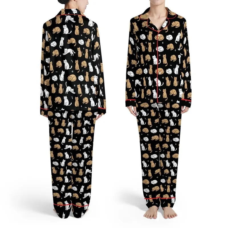 Cat Lovers' Cute Black Tan White Playful Cartoon Cats Paw Print Seamless Pattern Satin Pajamas Set - 1