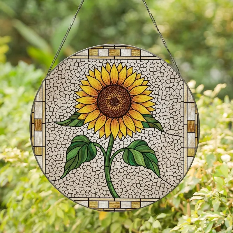 Nature Lovers' Vibrant Stained Glass Sunflower Mosaic Golden Yellow Deep Green Jewel Tone Art Stained Glass Suncatcher - 1
