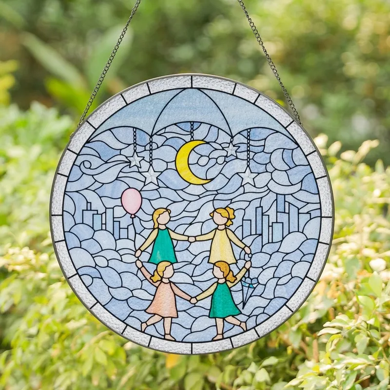 Dreamy Art Adorers' Tiffany-Style Stained Glass Whimsical Childlike Figures Sky Blue Cloud Mosaic Moon Stars Stained Glass Suncatcher - 1