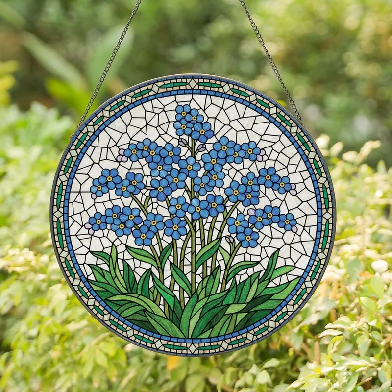 Art Lovers' Edge-to-Edge Stained Glass Forget-Me-Not Cobalt Blue Emerald Green Mosaic Stained Glass Suncatcher - 1