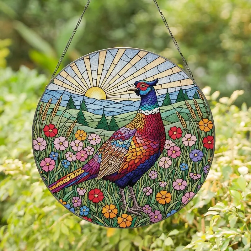 Wildlife Admirers' Tiffany Style Stained Glass Pheasant Jewel Tone Meadow Mosaic Stained Glass Suncatcher - 1