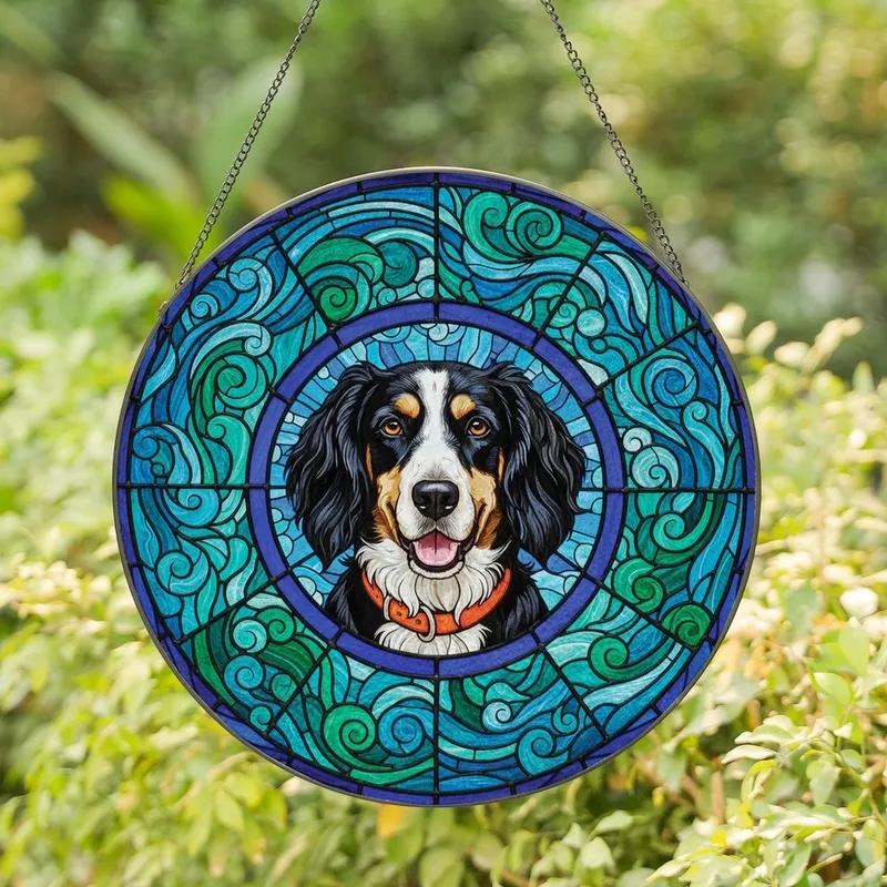 Dog Lovers' Vivid Tiffany Stained Glass Floppy Ear Dog Portrait Royal Blue Frame Swirling Blue-Green Mosaic Stained Glass Suncatcher - 1