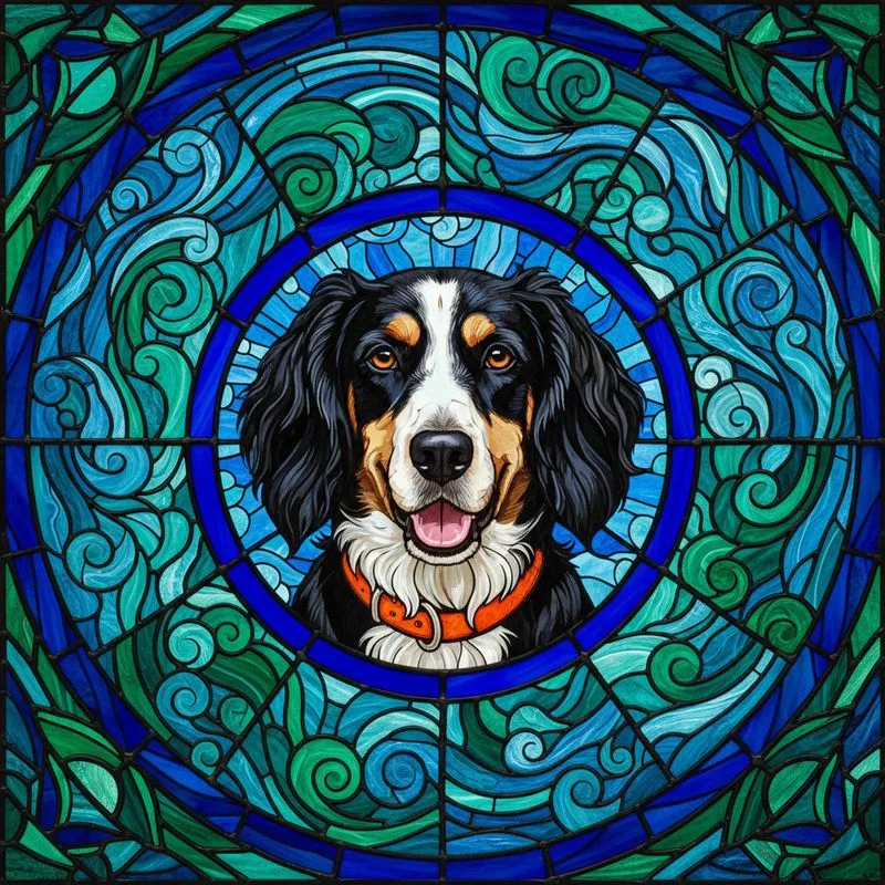 Dog Lovers' Vivid Tiffany Stained Glass Floppy Ear Dog Portrait Royal Blue Frame Swirling Blue-Green Mosaic Stained Glass Suncatcher - 1