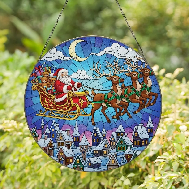 Christmas Lovers' Intricate Jewel Tone Stained Glass Santa Sleigh Winter Village Art Stained Glass Suncatcher - 1