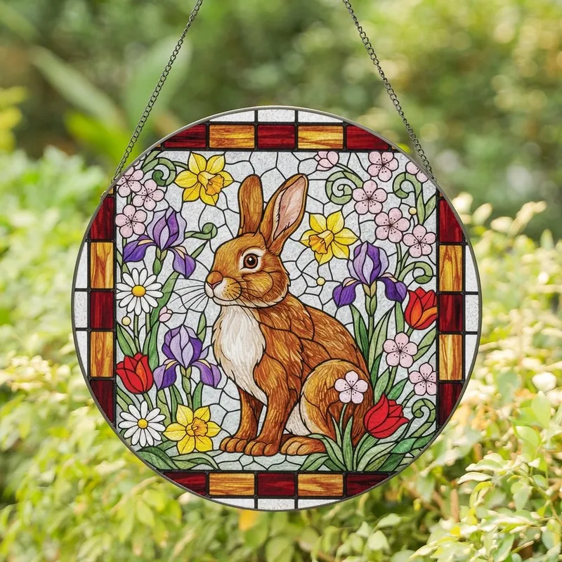 Nature Lovers' Intricate Tiffany Stained Glass Rabbit & Spring Floral Geometric Mosaic Design Stained Glass Suncatcher - 39lpddGjSM