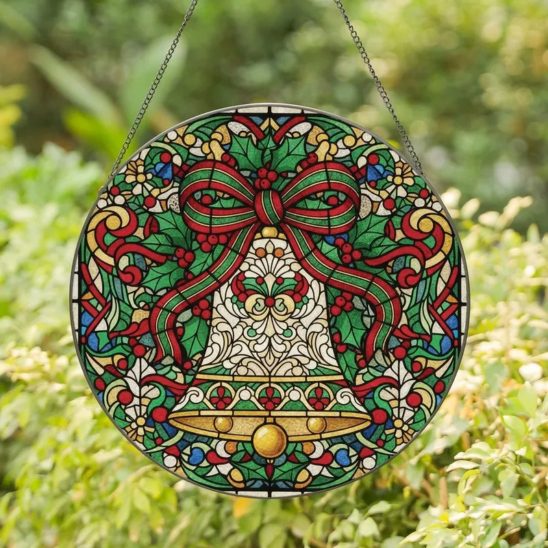 Christmas Enthusiasts' Ornate Stained Glass Christmas Bell, Holly & Ribbon Jewel Tone Mosaic Stained Glass Suncatcher - 1