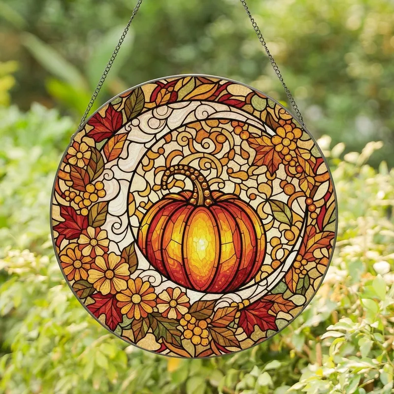 Autumn Lovers' Tiffany Stained Glass Luminous Pumpkin Iridescent Crescent Moon Amber Floral Mosaic Stained Glass Suncatcher - 1