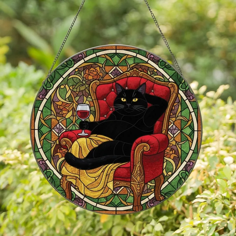 Cat Art Enthusiasts Opulent Black Cat Ruby Armchair Wine Jewel-Toned Stained Glass Mosaic Stained Glass Suncatcher - JV1jTlRoKz