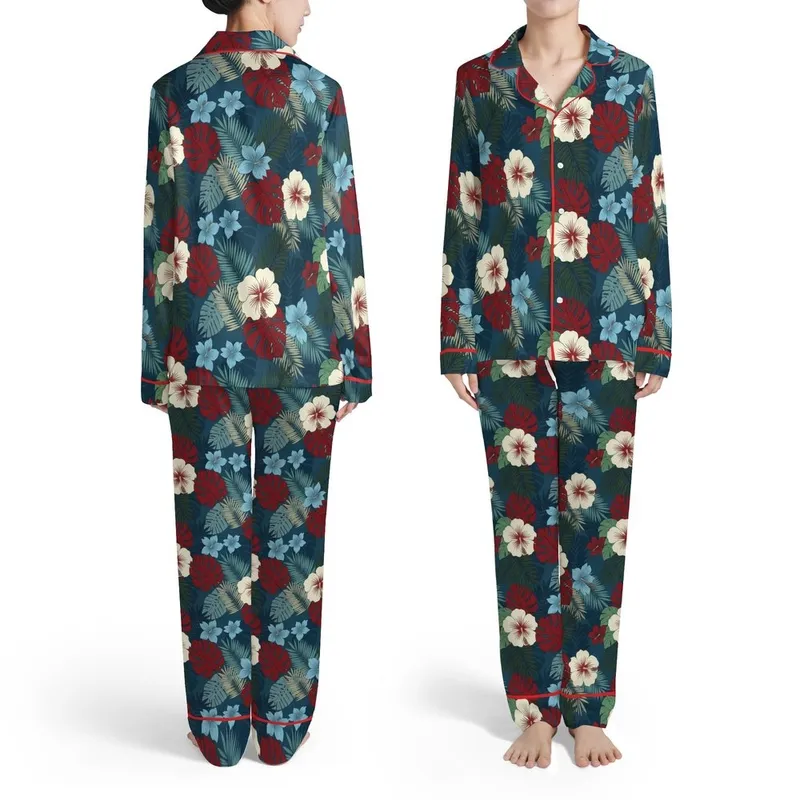 Island Dreamer's Vintage Teal Botanical Hibiscus Monstera Print Custom Design Satin Pajamas Set - 1