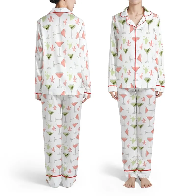 Martini Lover's Watercolor Olive & Coral Martini Glass Scatter Wearable Item Satin Pajamas Set - 1