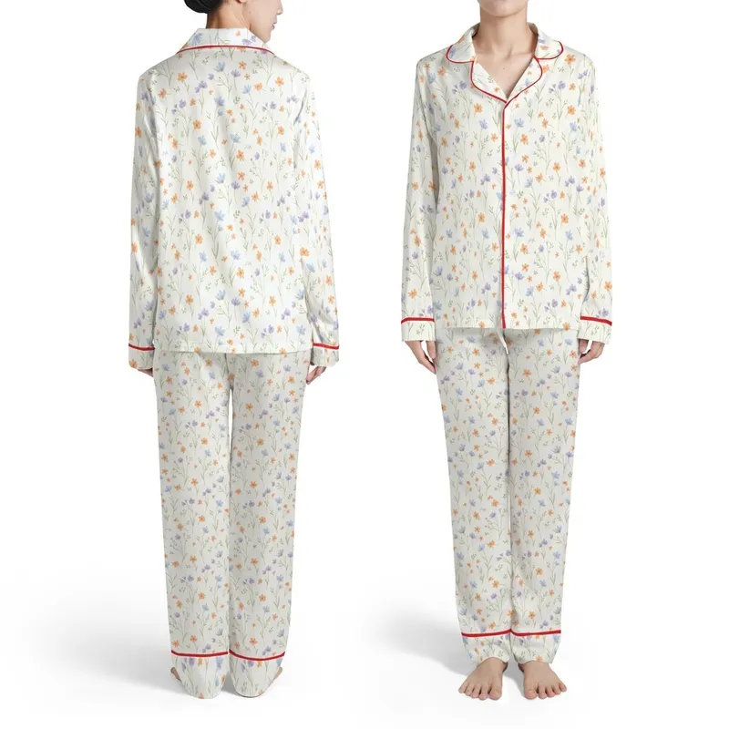 Wildflower Stems Botanical Sprigs - Hand-Drawn Lavender Blue Peach Orange Design Satin Pajamas Set - 1