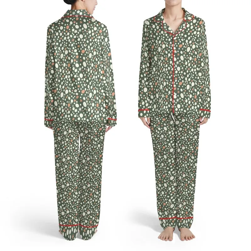 Muted Olive Green Off-White Irregular Dot Cream Terracotta Blob Stylized Star Design Satin Pajamas Set - 1
