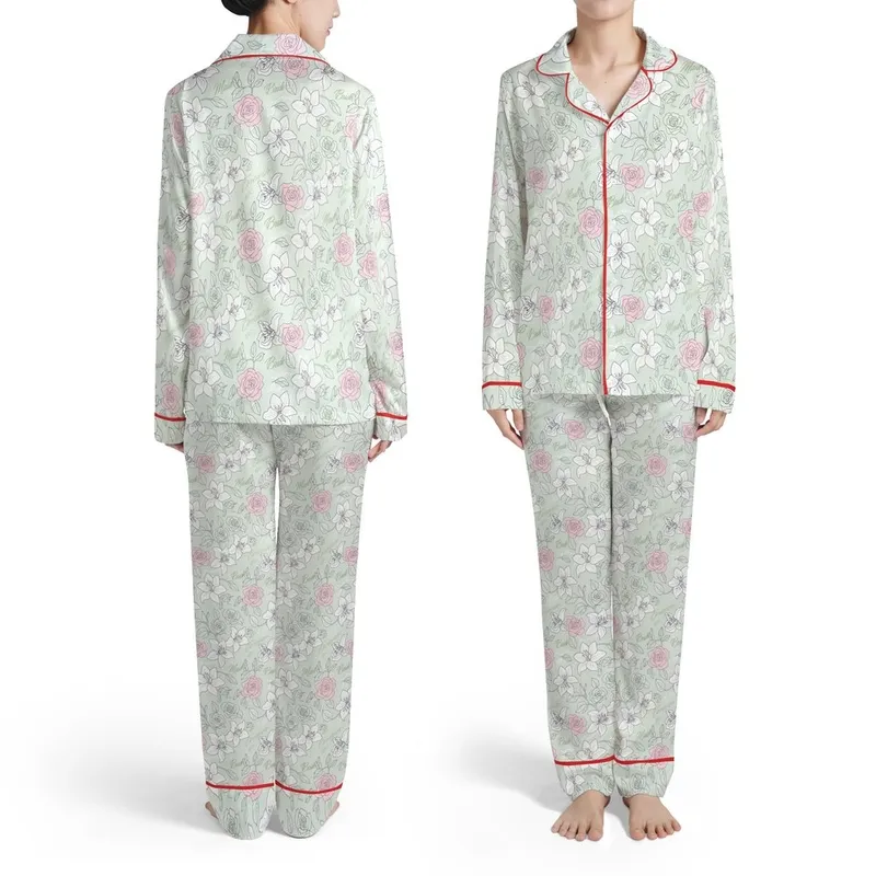 Wedding Party Intertwined Roses Lilies Script Love Forever Sage Green White Pink Satin Pajamas Set - 1