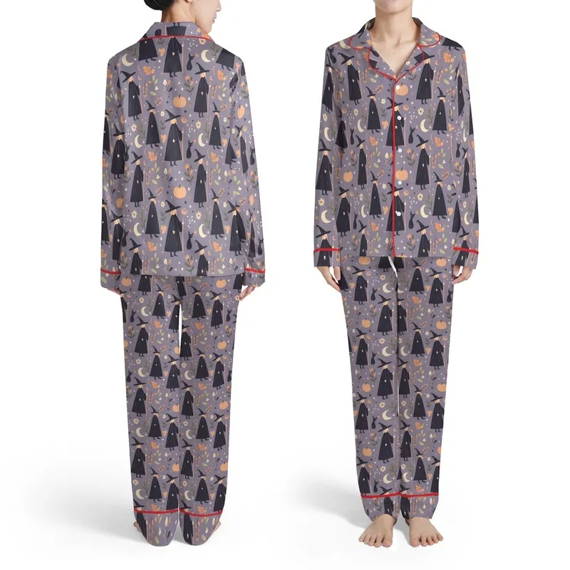 Witches & Autumn Flora Lavender Pattern: Robes, Broomsticks, Black Cat Silhouettes Satin Pajamas Set - 1