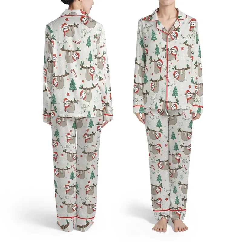 Sloth Lovers Cartoon Hanging Sloth Red Hat Scarf Xmas Tree Snowflake Cane Pattern Satin Pajamas Set - 1