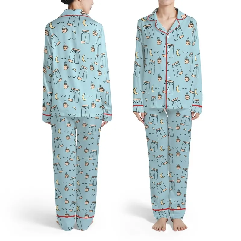 Light Blue Pajama Bottoms with Peach Cuffs, Dark Grey Sleepy Eyes, Moon & Hot Cocoa Mugs Satin Pajamas Set - 1
