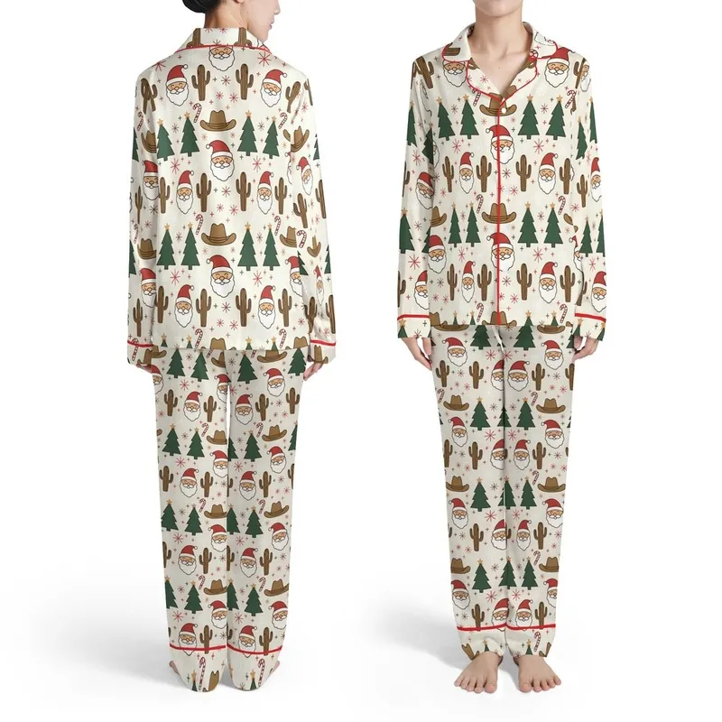 Red Green Brown White Santa Claus Tree Saguaro Cowboy Hat Candy Cane Snowflake Pattern Satin Pajamas Set - 1