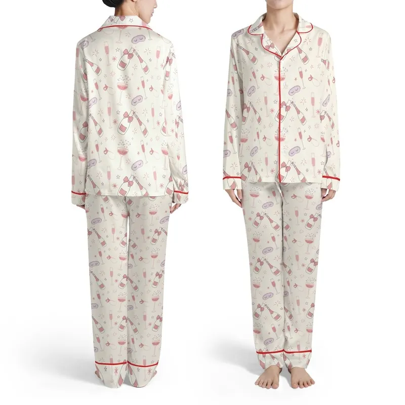 Women's Pale Cream Champagne Glass Sleep Mask Star Light Pink Lavender Line Art Pattern Satin Pajamas Set - 1