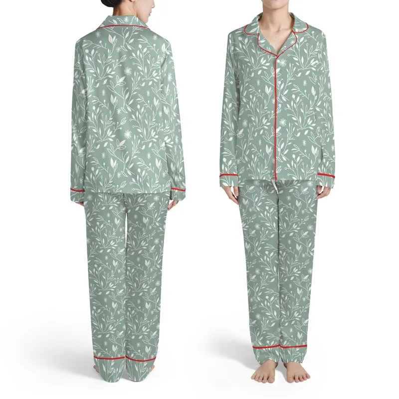 Seamless Botanical Pattern: Flat White Stylized Leaves Stems Blossoms Sage Green Satin Pajamas Set - 1