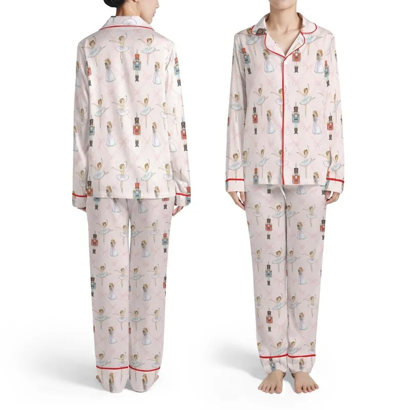 Pale Pink Ballerina Nutcracker Clara Fairy Watercolor Ribbon Bow Pattern Satin Pajamas Set - 1