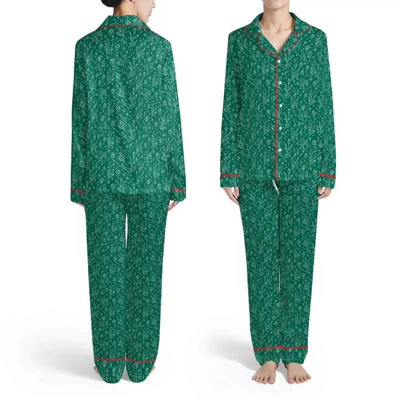 Emerald Green Background Stylized White Leaf Tiny Abstract Floral Repeating Textile Pattern Satin Pajamas Set - 1