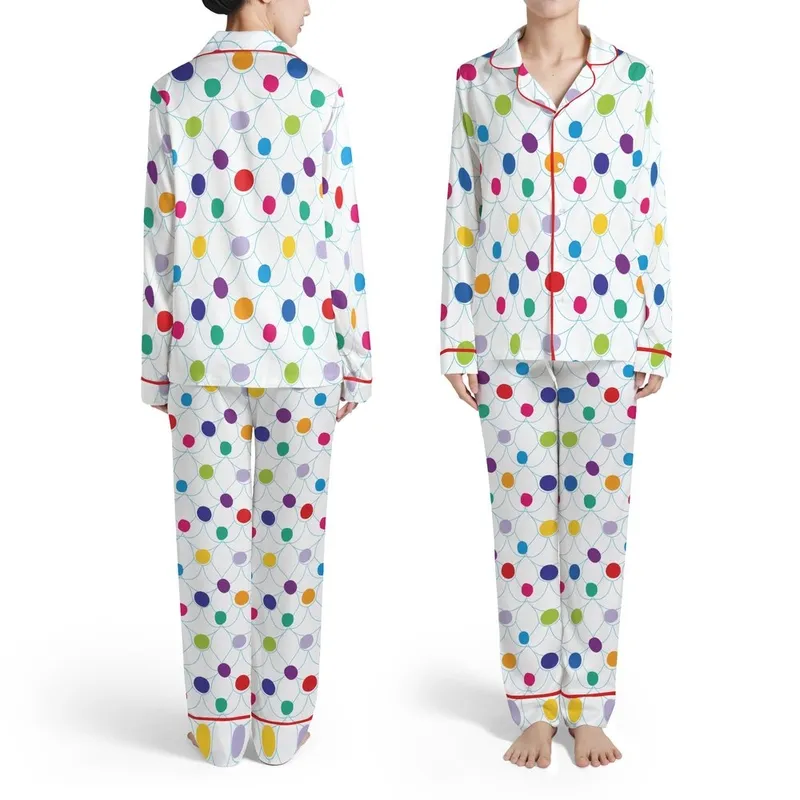 Clean Hand-Drawn White Background Multi-Color Circles Ovals Scallop Pattern Design Satin Pajamas Set - 1