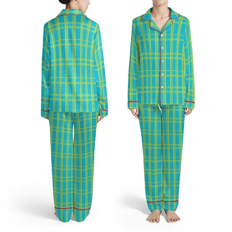 Geometric Grid Pattern Wide Narrow Vertical Horizontal Stripes Bright Cyan Lime Green Satin Pajamas Set - 1