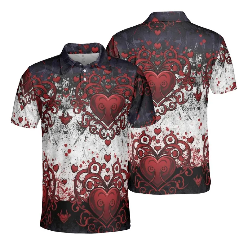 Ornate Glossy Deep Red Heart Gothic Tendril Baroque Vine Grungy Seamless Artwork Men's Polo Shirt (Lightweight) - lifsw8X54c