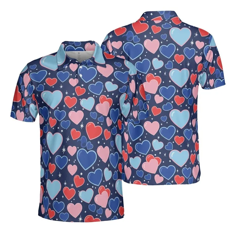 Navy Indigo Background Red Pink Blue White Hearts Dot Accents Seamless Pattern Polo Men's Polo Shirt (Lightweight) - T6ZgS8CkaN