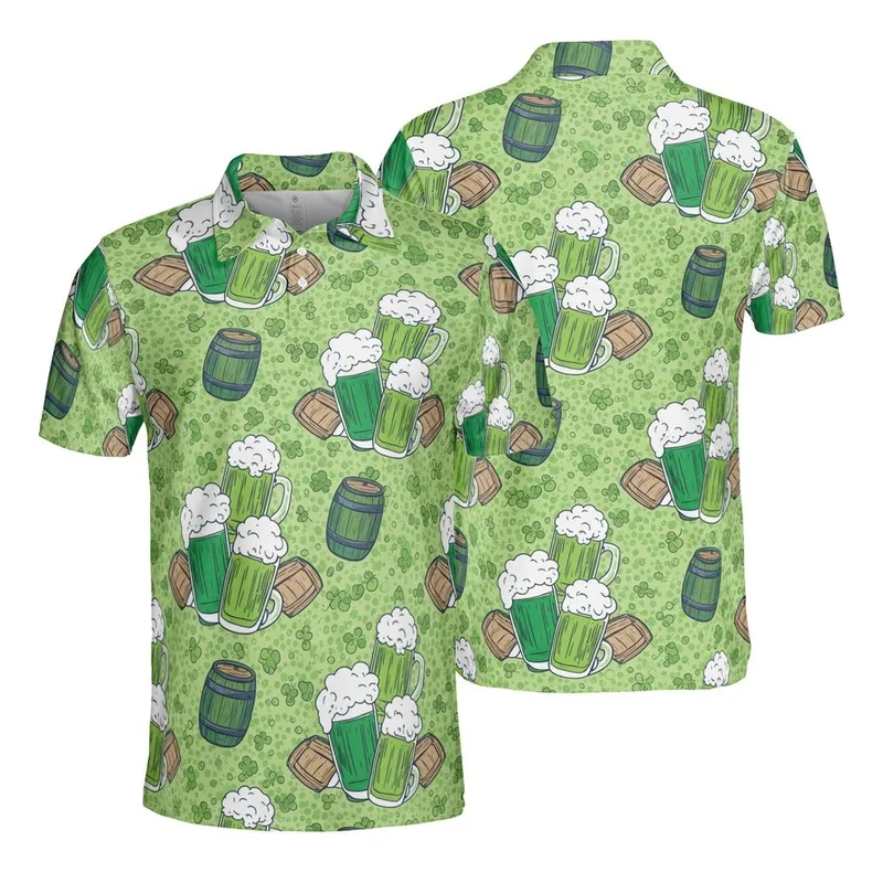 Beer Lover's Repeating Green Beer Glass Barrel Sketchy Outline Frothy Clover Mosaic Pattern Men's Polo Shirt (Lightweight) - pA3iX2iq8x