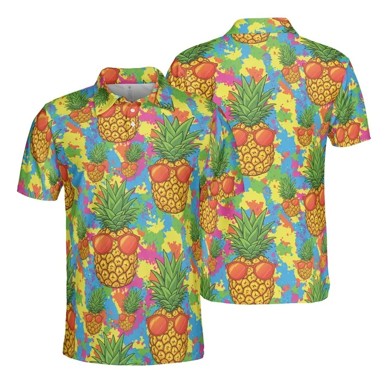Pineapples in Sunglasses Pattern: Splatter Paint Background, Repeating Vector Fabric Design Men's Polo Shirt (Lightweight) - Ny1vDi966b