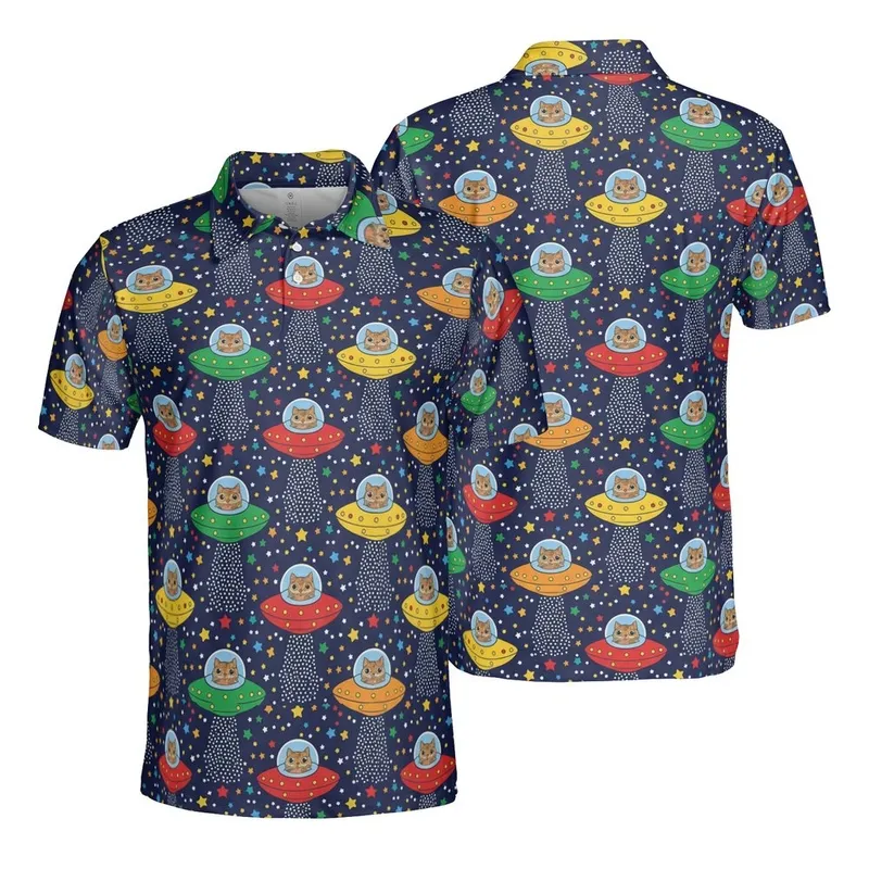 Flying Saucer Cat Light Beam Pattern Navy Polka Dot Multi-Color Stars Textile Print Men's Polo Shirt (Lightweight) - cNrLug8TJn