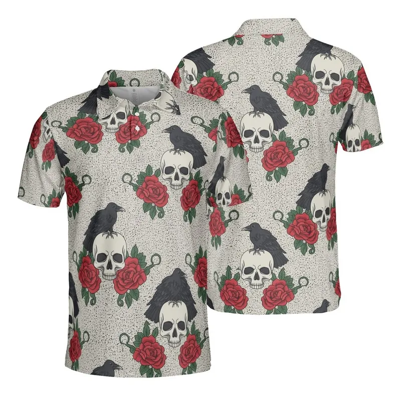 Stylized Skull Raven Design, Deep Red Roses & Dark Green Thorny Leaves, Beige Textile Pattern Men's Polo Shirt (Lightweight) - hvLfQQcuCt