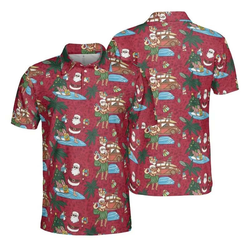Red Background Tropical Holiday Santa Surfing Hula Reindeer Woodie Cars Intricate Pattern Men's Polo Shirt (Lightweight) - RVez2bSdvu