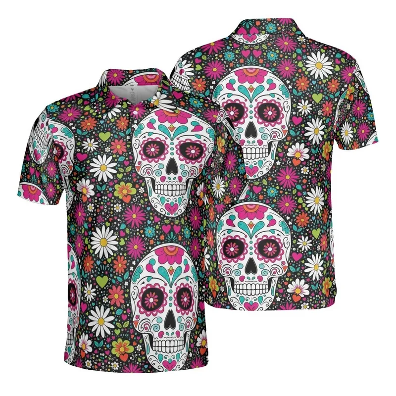Dia de los Muertos Fan: Ornate Sugar Skulls, Daisy, Starburst Flowers, Heart Mosaic Garment Surface Men's Polo Shirt (Lightweight) - H4RXtwKk0J
