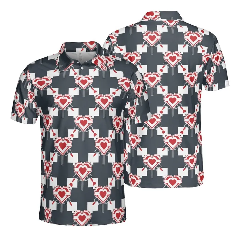 Red Outline Heart Lollipops Small Red Hearts Dark Grey White Checkerboard Design Men's Polo Shirt (Lightweight) - 1