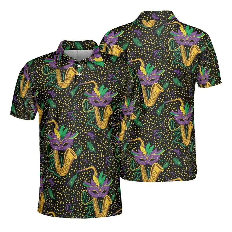 Mardi Gras Mask Saxophone Design: Purple Green Yellow Feather Bead Diamond Confetti Men's Polo Shirt (Lightweight) - 1