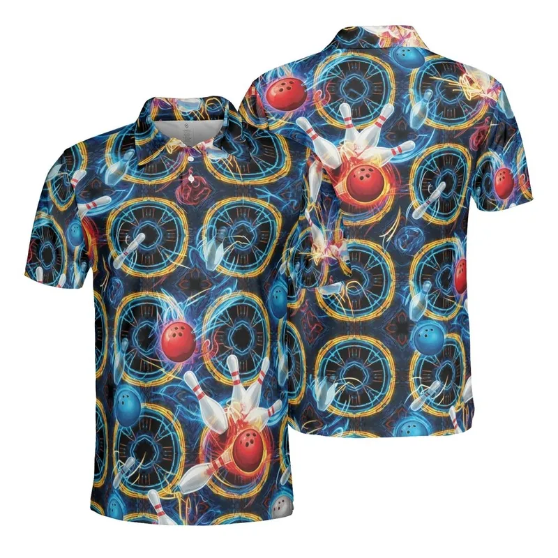 Bowler's Bowling Pin Ball Traditional White Red Stripe Glowing Silver Neon Wave Pattern Men's Polo Shirt (Lightweight) - W0r9MEzC_-
