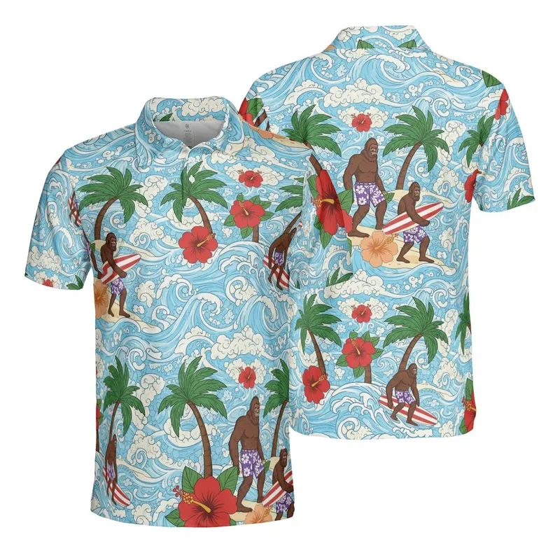 Bigfoot Surfer Beach: Palm Trees, Hibiscus, Red White Surfboards Edge-to-Edge Men's Polo Shirt (Lightweight) - E30EwIfARD