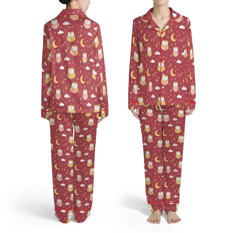 Family Matching Pajamas: Whimsical Sleeping Owls & Starry Night Print - Soft Poly Spandex Set Satin Pajamas Set - 1