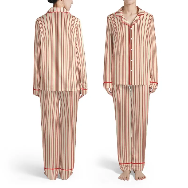 Family Christmas: Cream & Red Triple Vertical Stripe Polyester Spandex Pajamas Set Satin Pajamas Set - 1