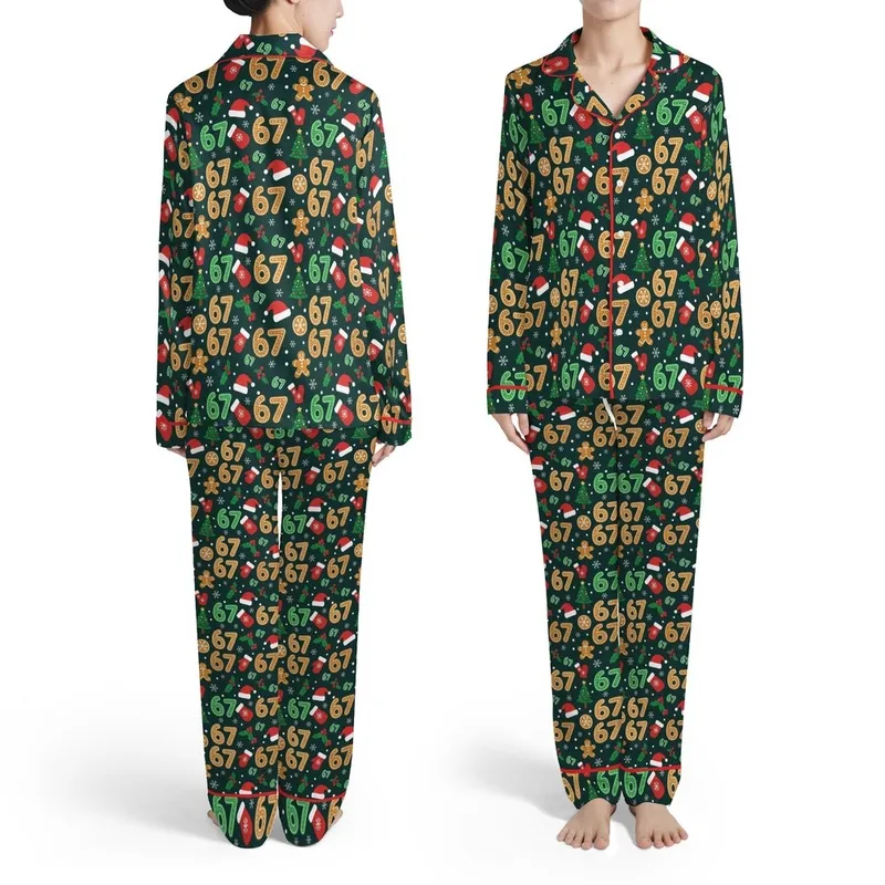 Forest Green '67' Gold Gingerbread Green Numbers Christmas Santa Hats Candy Cane Pattern Satin Pajamas Set - 1