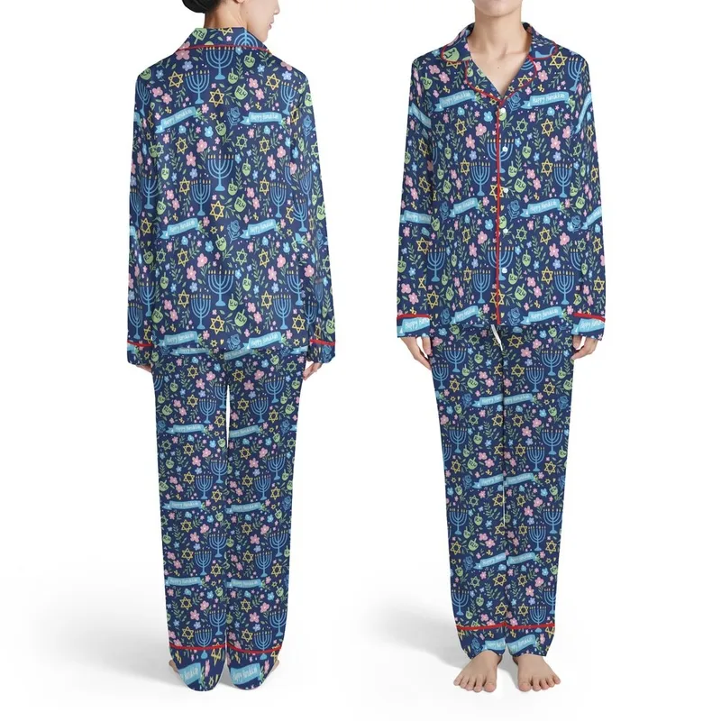 Hanukkah Indigo Blue Menorah Gold Star Dreidel Floral Pattern Happy Hanukkah Text Satin Pajamas Set - 1