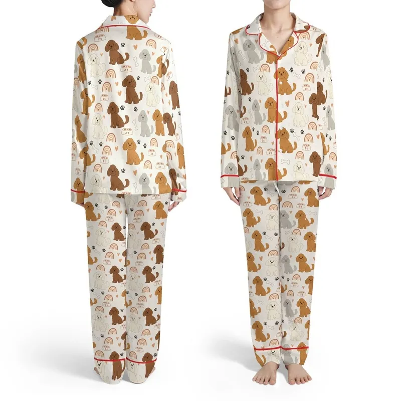 Dog Parent Poodle Mix Cream Tan Gray Dogs Bone Paw Heart Rainbow Design Satin Pajamas Set - 1
